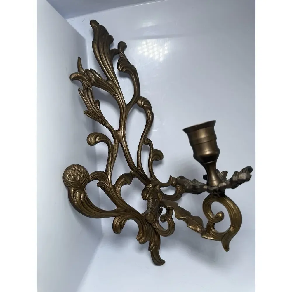 Elegant Vintage Solid Brass Floral Wall Sconce Double Candle Holder Rococo 13”